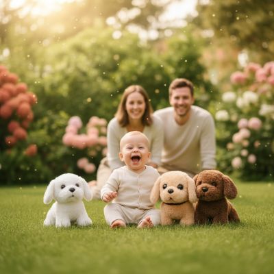 enfant-jouant-avec-les-peluches-en-chien-dans-un-jardin-fleuri