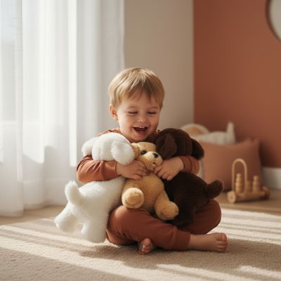 enfant-calinant-les-trois-chiens-en-peluche-dans-la-chambre