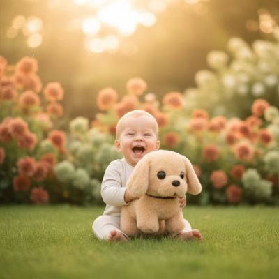 enfant-jouant-avec-le-chien-en-peluche-marron-clair-dans-le-jardin