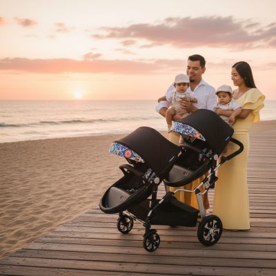 famille-la-plage-avec-poussette-double-majeste-cuir-noir-au-coucher-du-soleil