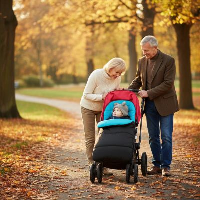 grands-parents-avec-bebe-dans-la-chanceliere-poussette-noire-et-bleue-au-parc
