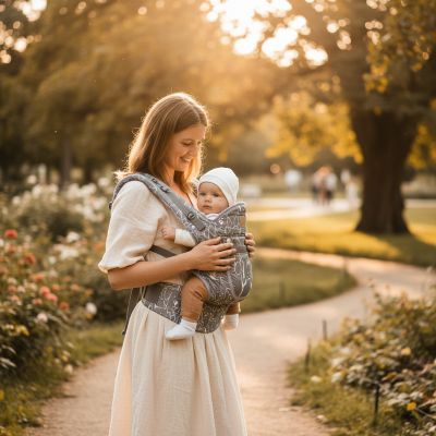 maman-avec-porte-bebe-hanche-gris-en-promenade