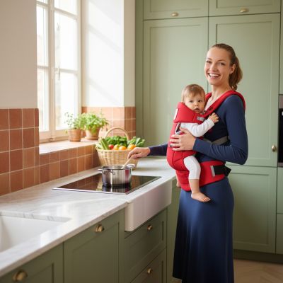 maman-avec-porte-bebe-kangourou-rouge-en-cuisine