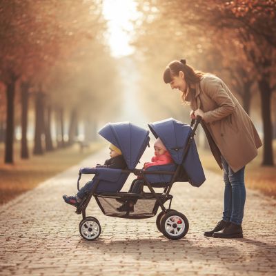 maman-avec-poussette-double-twixy-tandem-bleue-au-parc