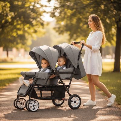 maman-avec-poussette-double-twixy-tandem-grise-au-parc