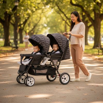 maman-avec-poussette-double-twixy-tandem-noire-au-parc