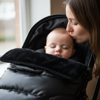 maman-embrassant-bebe-dans-la-chanceliere-poussette-noir