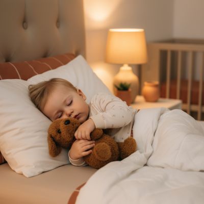 moment-paisible-au-coucher-avec-le-chien-en-peluche-marron-fonce