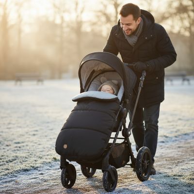 papa-avec-bebe-dans-la-chanceliere-poussette-grise-et-noire-en-hiver