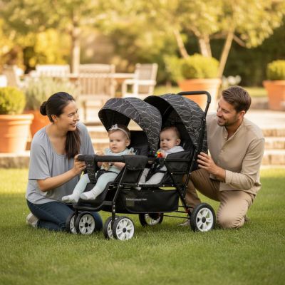 parents-avec-poussette-double-twixy-tandem-noire-au-jardin