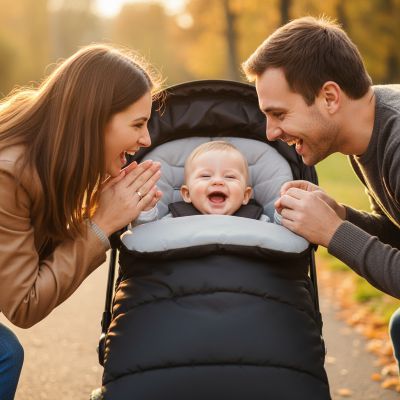 parents-jouant-coucou-avec-bebe-dans-la-chanceliere-poussette-grise