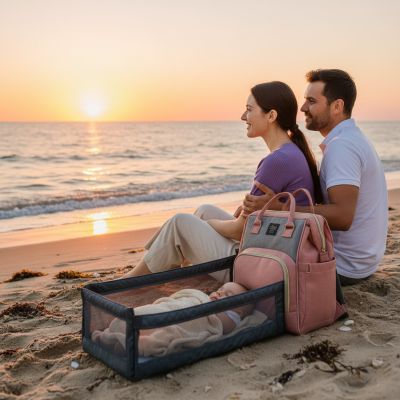sac-a-langer-lit-integre-famille-a-la-plage